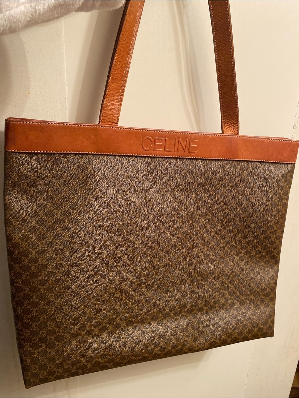Celine Brown Canvas Tote with Tan Leather Trim